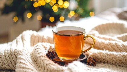 Aromatic tea ritual on a chilly evening, embraced by a cozy knitted blanket