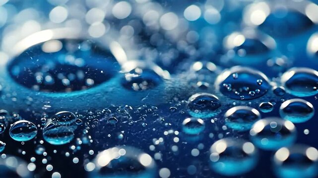 Close-up of water droplets on a surface, creating a shimmering blue effect.