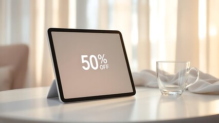 A tablet on table displays discount coupon interface beside coffee cup. Great for web promotion, mobile UI, and online shopping visuals
