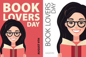 Book Lovers Day poster pack. Vector illustration collection with a cute girl reading a book for postcard, print, cover, brochure in retro, vintage style