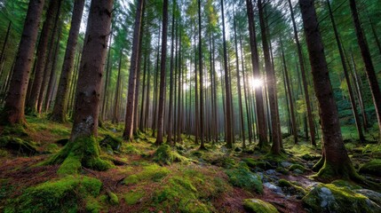 Obraz premium Green moss covers forest floor with tall pine tree trunks