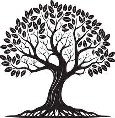 Black tree with spreading branches and leaves white