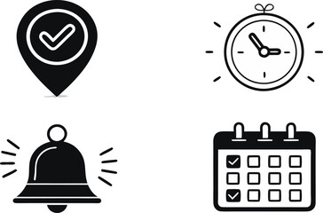 Minimal Black-and-White UI Icons Location Pin, Clock Check, Calendar, Bell Notification.
