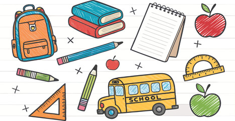 Crayon Doodle School Set Childlike Drawing of Backpack, Books, School Bus & Supplies.