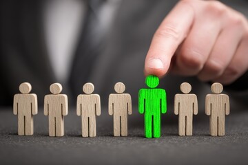 A hand selects a green figurine from a line of light-brown figurines