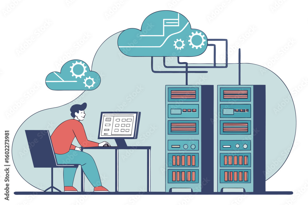 Poster technician managing server systems and cloud services while seated at a desk with a computer, illust