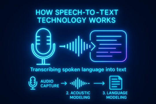 Speech-to-Text Infographic with AI Transcription Technology for Accessibility & Productivity

