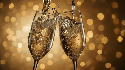 Two champagne glasses with sparkling liquid, bursting from a splash shaped like a heart, cinematic love-themed setup