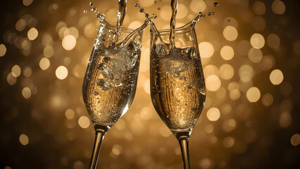Two champagne glasses with sparkling liquid, bursting from a splash shaped like a heart, cinematic love-themed setup
