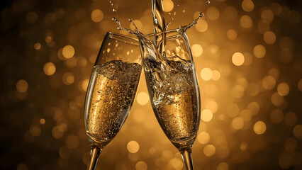 Two champagne glasses with sparkling liquid, bursting from a splash shaped like a heart, cinematic love-themed setup