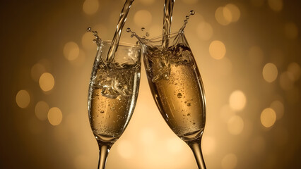 Two champagne glasses with sparkling liquid, bursting from a splash shaped like a heart, cinematic love-themed setup