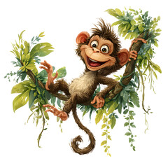 Obraz premium Happy monkey hanging on tree branches and wide smile and playful energy and detailed jungle-themed illustration and isolated white background Batch realistic clean bright simple modern stock image