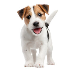 Happy Parson Russell Terrier puppy and  tail wagging and alert eyes and  playful energy and  isolated white background Batch  realistic clean bright simple modern stock image isolated on plain backgro