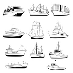 Sea ship Cartoon outline illustration Collection Set