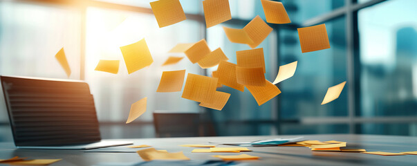 Vibrant brainstorming session with floating sticky notes in modern office setting, capturing creativity and collaboration