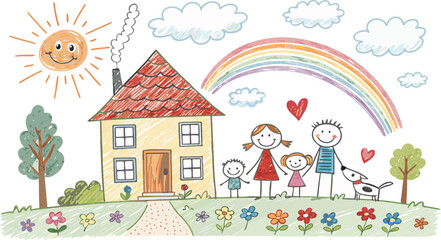 Happy Family Crayon Drawing Childlike Stick Figures Outside House with Pet, Rainbow & Flowers.