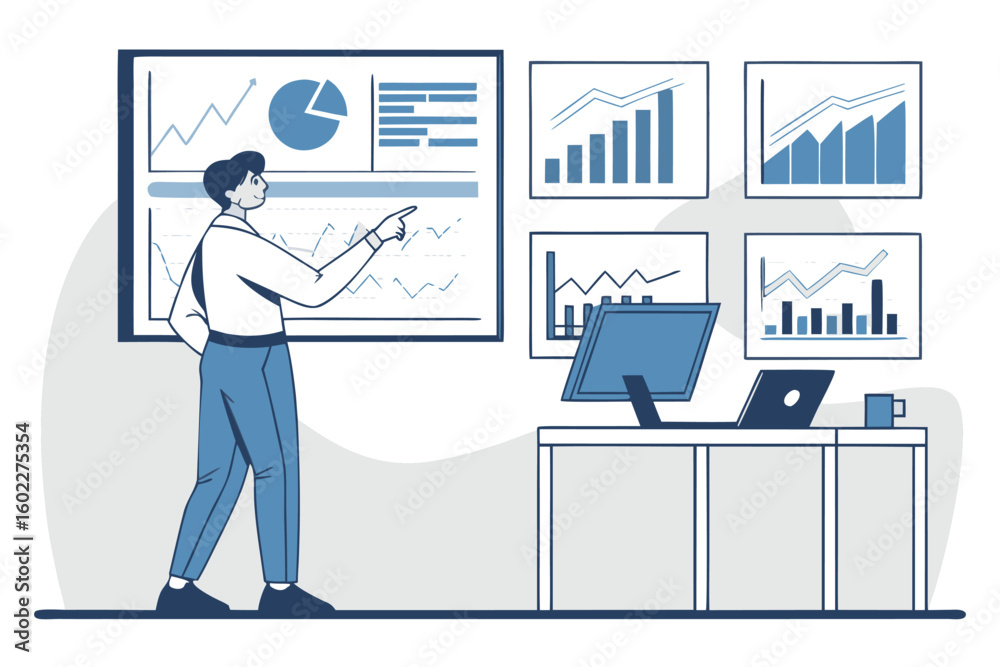 Poster professional presenting data analytics in a modern office setting with various charts and graphs dis