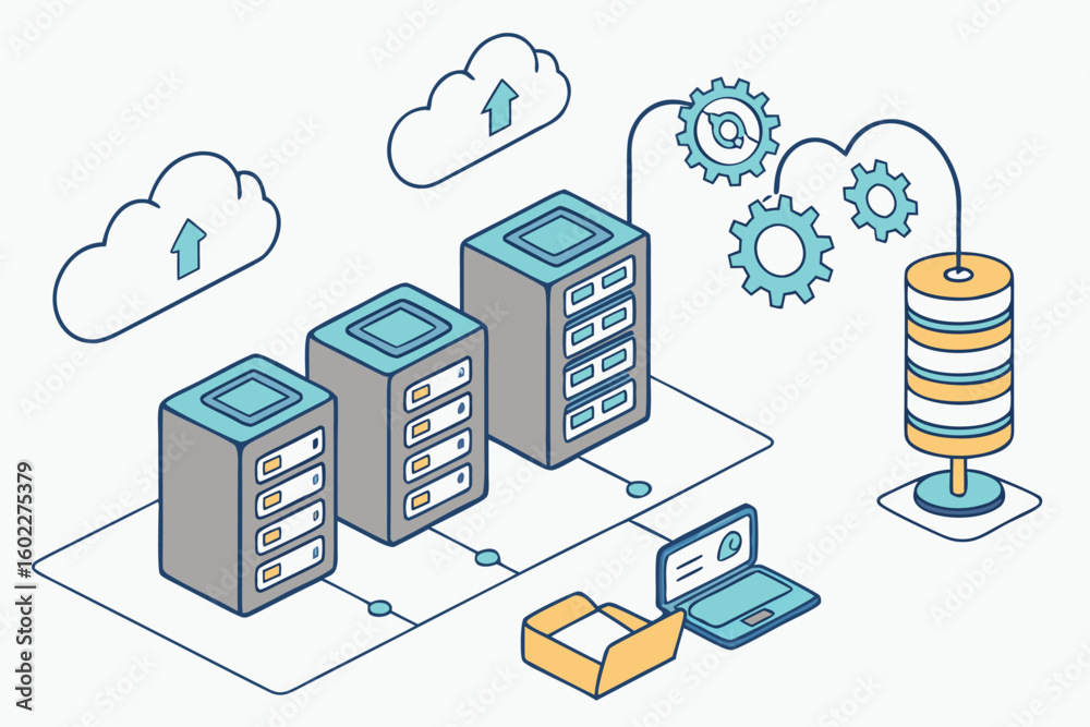 Poster modern data storage systems featuring cloud integration and server infrastructure with management to