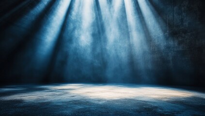 Obraz premium Dark room with blue spotlight shining on the floor and concrete wall.