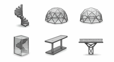Gray scale illustrations of architectural structures, including a spiral staircase, geodesic domes, a box, a table, and a bridge.