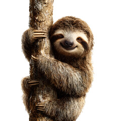 Fototapeta premium Happy sloth hugging a small tree and relaxed face and fuzzy limbs wrapped around the trunk and jungle atmosphere and isolated white background Batch realistic clean bright simple modern stock imag