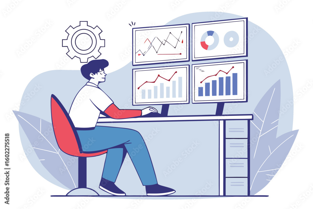 Poster data analyst reviewing performance metrics on multiple monitors during a work session in a clean, mi