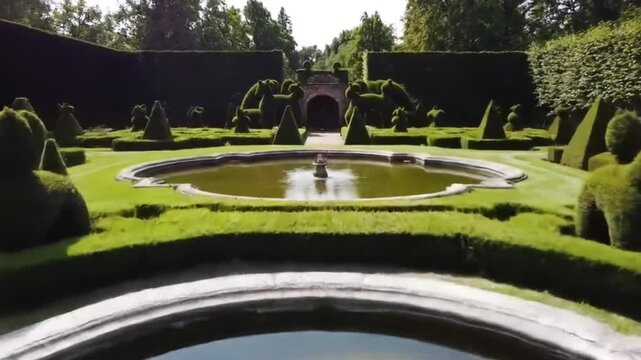 Classic garden fountain, aerial view of symmetrical formal garden with water fountain perfect for historical park visuals landscaping and architecture themed drone footage content