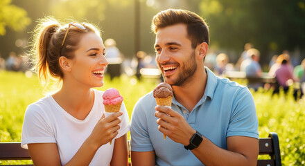 Joyful summer moments of a young happy couple enjoying delicious ice cream