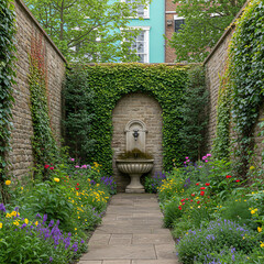 Fototapeta premium A serene garden scene featuring a stone fountain and colorful flowers.