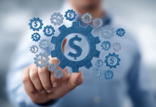Hand interacts with a 3D gear graphic, many gears with dollar signs,  business concept