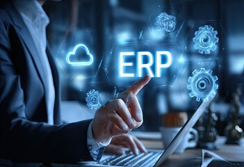 Naklejka premium Businessperson interacts with a holographic ERP system