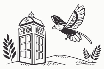 Imaginary scene with a flying bird beside a classic time machine in a whimsical landscape during the daylight hours