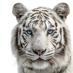 Fototapeta premium Head portrait of a white tiger with bright blue eyes and calm but powerful expression and isolated white background Batch realistic clean bright simple modern stock image isolated on plain backgrou