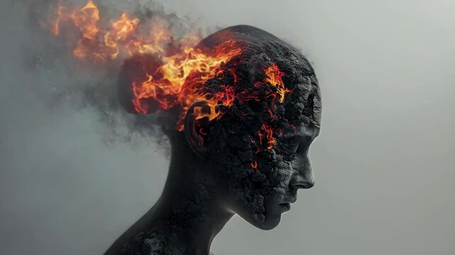Dystopian concept of a head exploding with fire and smoke, symbolizing chaos and destruction.