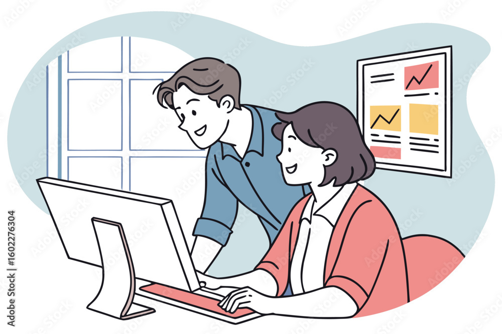 Poster team members collaborating at a desk, analyzing data on a computer screen in a modern office setting