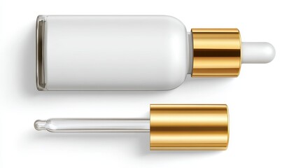 Fototapeta premium White glass dropper bottle with gold cap