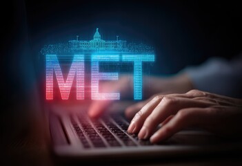 Close-up of hands typing on a laptop with a digital MET building graphic overlaid