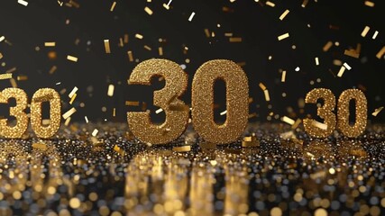 Glimmering Golden 30 with Sparkling Confetti on Dark Background - Powered by Adobe