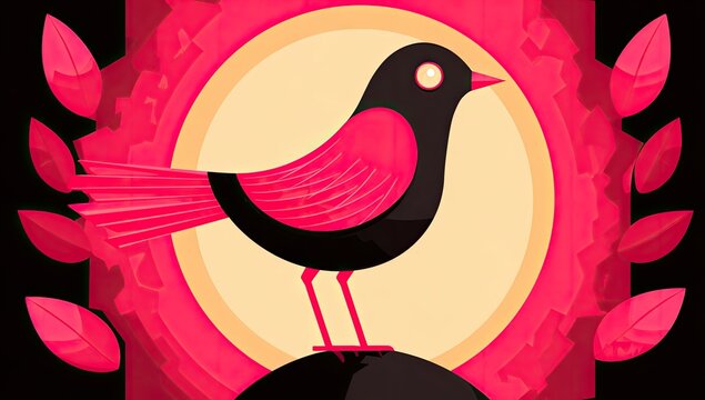 Vibrant bird silhouette, bold colours, abstract leaves, sunburst backdrop