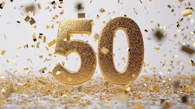 Glittering Golden 50 Celebration Number with Confetti Background