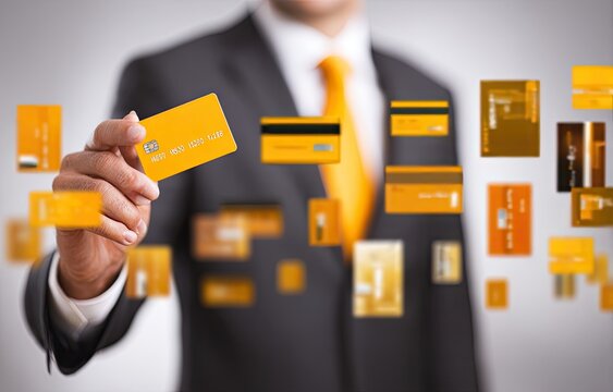Businessman holds credit card, multiple cards float around
