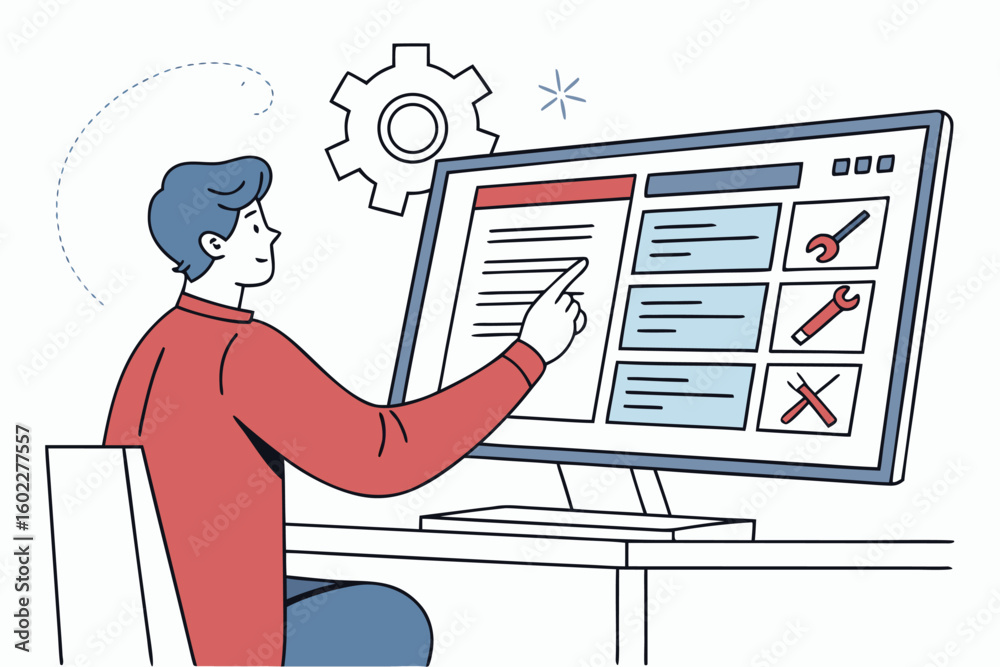 Poster person engaging with a computer interface while working on a project with tools and settings display