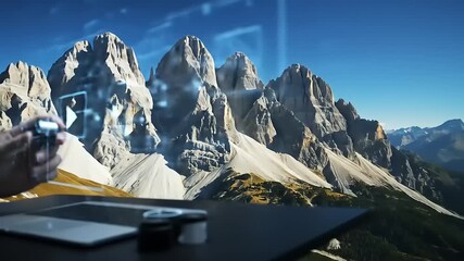 A person using a laptop in a mountain landscape, interacting with digital interfaces and data - Powered by Adobe