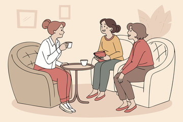 Three women engage in lively conversation over coffee in a cozy cafe setting during a sunny afternoon in a modern, stylish lounge