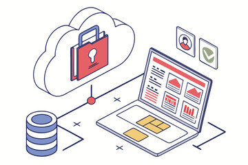 Cloud storage security and data management illustrated with a laptop, cloud, and database, showcasing protection measures and analytics