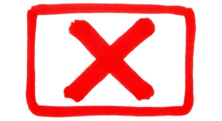 Fototapeta premium Bold Red X in Square: Hand-Drawn Rejection Symbol on White Background