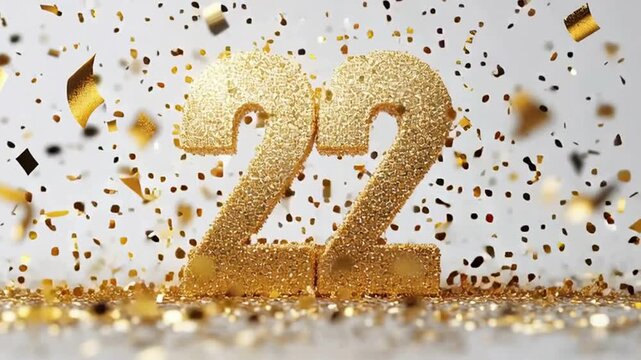 Golden Number 22 Decorative Celebration with Confetti and Sparkles
