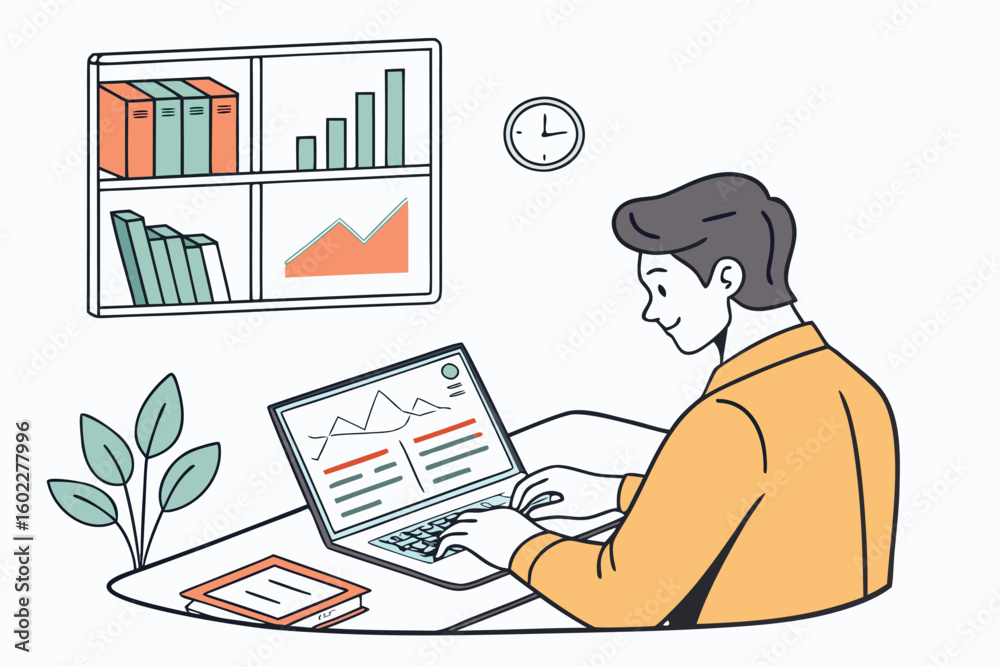 Poster individual working on data analysis at a desk with charts and graphs during the day in a bright and 