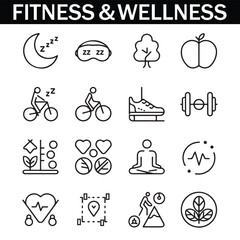 Healthy Lifestyle Vector Icon Set with Adjustable Line Weight Featuring Fitness, Nutrition, Exercise, Wellness, Sleep, Yoga, Meditation, Heart Rate, Gym, Hiking, Cycling, Sports, and Health Monitoring