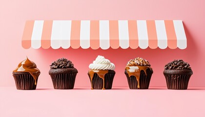 Vibrant coral dessert shop backdrop with a striped pastel awning, featuring an array of dripping chocolate cakes and caramel drizzled muffins.